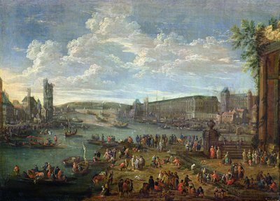 Uitzicht op het Louvre en de Tour de Nesles vanaf het Ile de la Cité, c.1673-74 door Pieter II Casteels